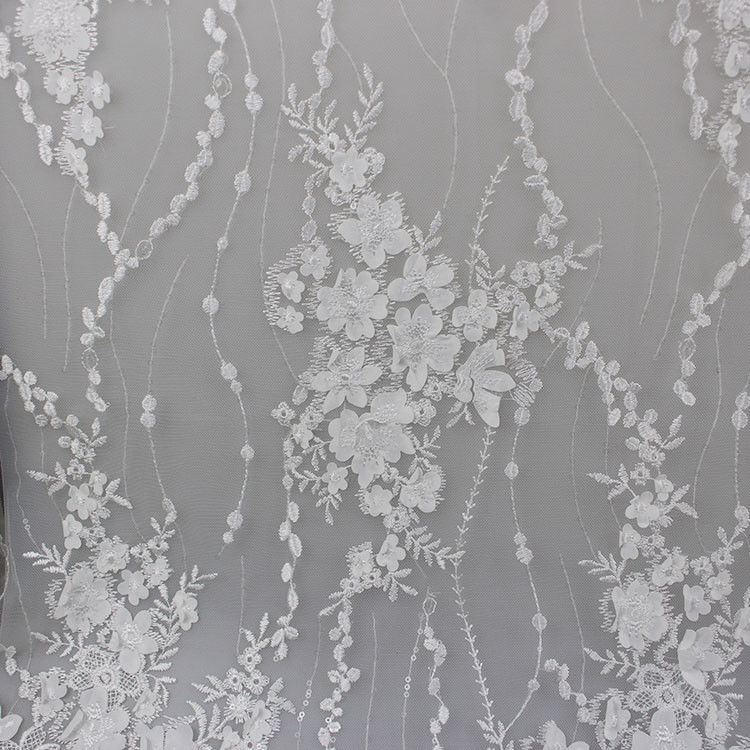 Delicate Embroidery Polyester On Nylon Mesh Lace Fabric With 3D Flower Design